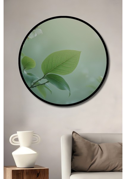 Çerçeve Görünümlü Minimalist Yaprak ve Çiçek Sulu Boya Görünümlü Ahşap Ofis Yuvarlak Tablo