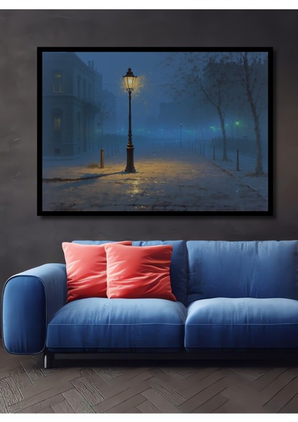 Çerçeve Görünümlü Yağlı Boya Görünümlü Sisli Şehir Lambaları Ofis Dekoratif Ahşap Kare Tablosu