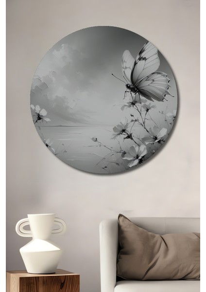 Beyaz Kelebek Yağlı Boya Görünümlü Dekoratif Ahşap Ev/işyeri/ofis Yuvarlak Tablo