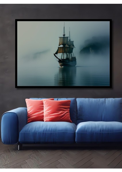 Çerçeve Görünümlü Sisler Içinde Yükselen Görkemli Yelkenli Yağlı Boya Görünümlü Ahşap Ofis Tablo