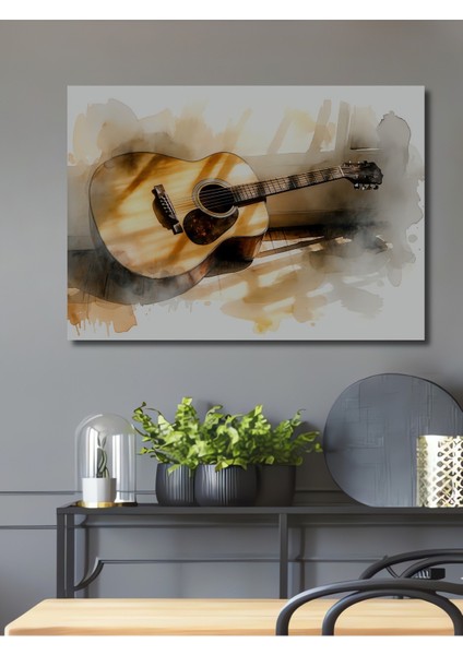 Sulu Boya Görünümlü Gitar Melodisi Dekoratif Ahşap Ev/işyeri/ofis Kare Tablo