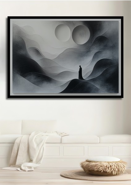 Çerçeve Görünümlü Minimalist Dağlar ve Silüet Siyah Beyaz Dekoratif Ahşap Ev/işyeri/ofis Kare Tablo