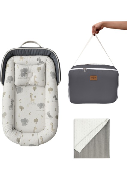 Çantalı Baby Nest + Nohut Bebek Battaniyesi Taşınabilir Anne Yanı Yatağı Yenidoğan Safari Desenli