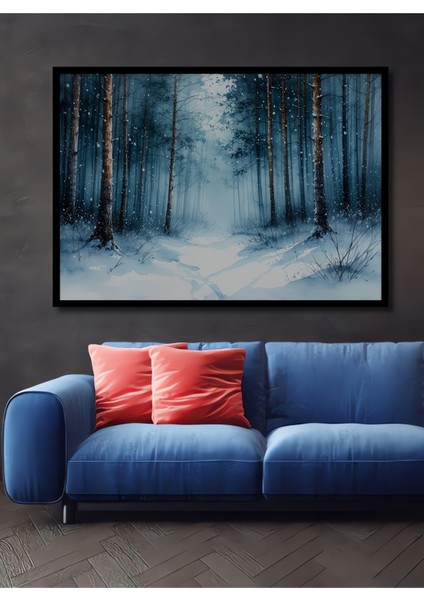 Çerçeve Görünümlü Kış Ormanı Sulu Boya Görünümlü Dekoratif Ahşap Ev/işyeri/ofis Kare Tablo