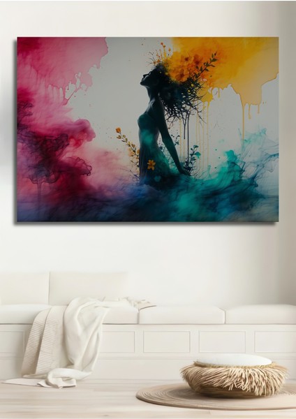 Çiçek Bahçesinde Dans Eden Kadın Sulu Boya Görünümlü Dekoratif Ahşap Ev/işyeri/ofis Kare Tablo