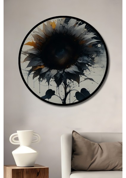 Çerçeve Görünümlü Soyut Sanat Dokunuşlu Ayçiçeği Yağlı Boya Görünümlü Ahşap Ofis Yuvarlak Tablo