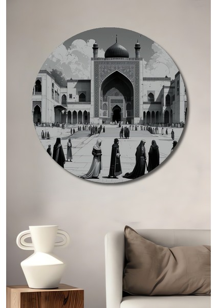 Müslüman Mimari Kara Kalem Görünümlü Dekoratif Ahşap Ev/işyeri/ofis Yuvarlak Tablo