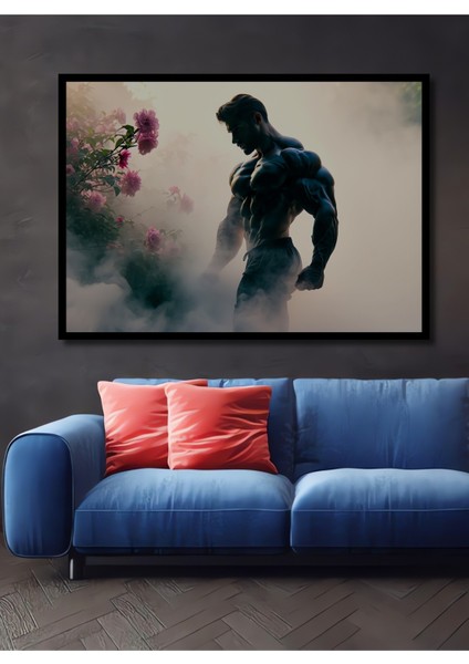 Çerçeve Görünümlü Kaslı Adam ve Pembe Çiçekler Yağlı Boya Görünümlü Ofis Dekoratif Ahşap Kare Tablo