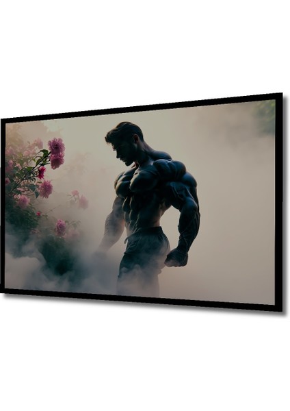 Çerçeve Görünümlü Kaslı Adam ve Pembe Çiçekler Yağlı Boya Görünümlü Ofis Dekoratif Ahşap Kare Tablo fiyatları