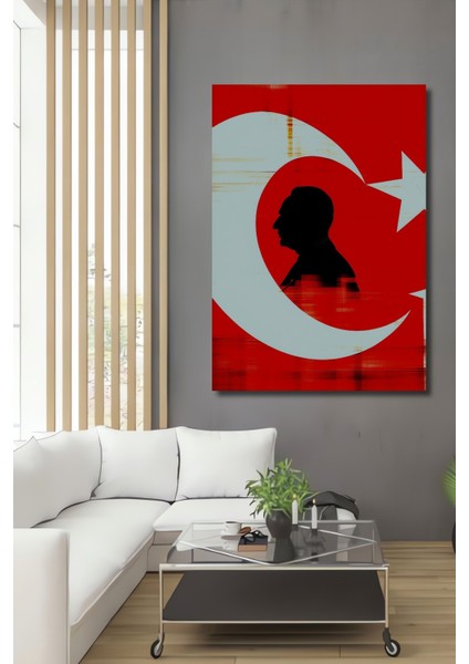 Atatürk Silüeti Türk Bayrağı Yağlı Boya Görünümlü Dekoratif Ahşap Ev/işyeri/ofis Kare Tablo