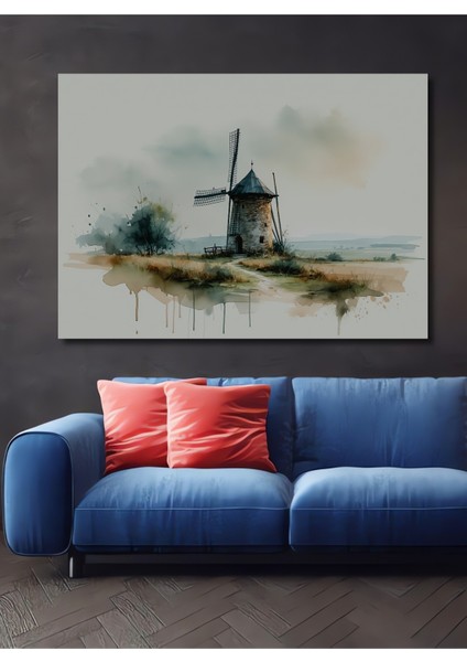 Sulu Boya Görünümlü Nostaljik Yel Değirmeni Sanat Ev/işyeri/ofis Dekoratif Ahşap Kare Tablo