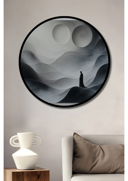 Çerçeve Görünümlü Minimalist Dağlar ve Silüet Siyah Beyaz Dekoratif Ahşap Ofis Yuvarlak Tablo