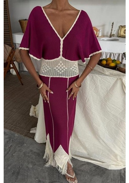 Ezel Glory Dantel Desenli V Yaka Triko Elbise 2844 modelleri