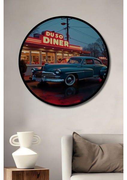 Çerçeve Görünümlü Retro Amerikan Diner ve Klasik Otomobil Yağlı Boya Görünümlü Ahşap Ofis Tablo