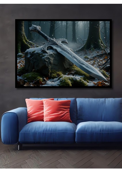 Çerçeve Görünümlü Efsanevi Kılıç Yağlı Boya Görünümlü Dekoratif Ahşap Ev/işyeri/ofis Kare Tablo