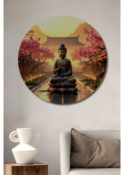 Sakura Çiçekleri ve Buda Meditasyon Yağlı Boya Görünümlü Dekoratif Ahşap Ev/işyeri/ofis Tablo