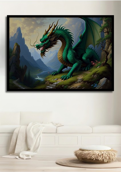 Çerçeve Görünümlü Yeşil Ejderha Dağ Manzarası Yağlı Boya Görünümlü Dekoratif Ahşap Ofis Kare Tablo