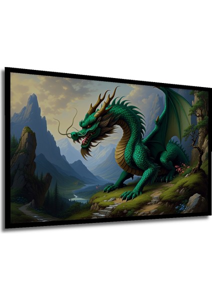 Çerçeve Görünümlü Yeşil Ejderha Dağ Manzarası Yağlı Boya Görünümlü Dekoratif Ahşap Ofis Kare Tablo modelleri