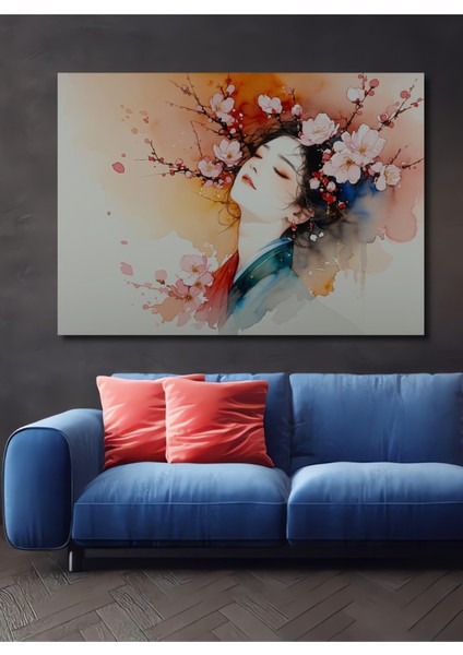 Çiçek Taçlı Kadın Sulu Boya Görünümlü Dekoratif Ahşap Ev/işyeri/ofis Kare Tablo