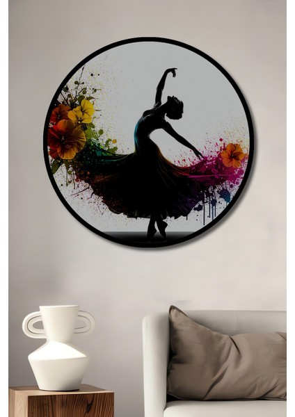 Çerçeve Görünümlü Çiçekli Balerin Sulu Boya Görünümlü Dekoratif Ahşap Dekoratif Ofis Yuvarlak Tablo