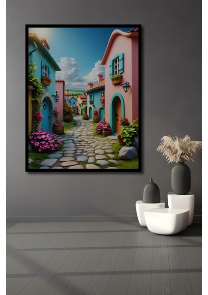 Çerçeve Görünümlü Rüya Gibi Pastel Renkli Sokak Yağlı Boya Görünümlü Ahşap Ofis Kare Tablo