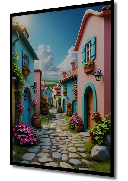 Çerçeve Görünümlü Rüya Gibi Pastel Renkli Sokak Yağlı Boya Görünümlü Ahşap Ofis Kare Tablo fiyatları