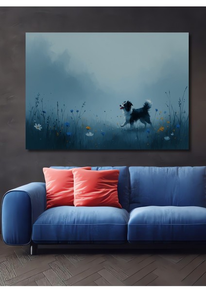 Pastel Tonlarda Köpek ve Çiçek Tarlası Ev/işyeri/ofis Dekoratif Ahşap Kare Tablosu