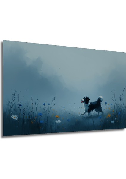 Pastel Tonlarda Köpek ve Çiçek Tarlası Ev/işyeri/ofis Dekoratif Ahşap Kare Tablosu modelleri