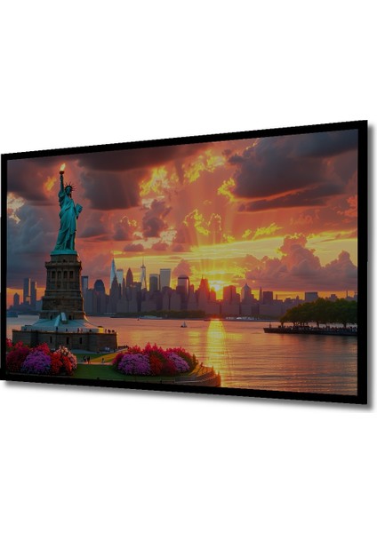 Çerçeve Görünümlü Özgürlük Heykeli ve New York Silüeti Yağlı Boya Görünümlü Ahşap Ofis Kare Tablo fiyatları