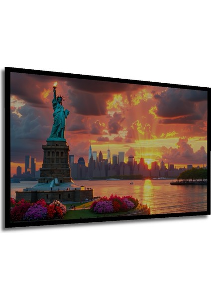 Çerçeve Görünümlü Özgürlük Heykeli ve New York Silüeti Yağlı Boya Görünümlü Ahşap Ofis Kare Tablo modelleri