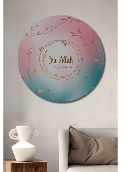 Ya Allah Çiçek Bahçesi Yağlı Boya Görünümlü Dekoratif Ahşap Ev/işyeri/ofis Yuvarlak Tablo