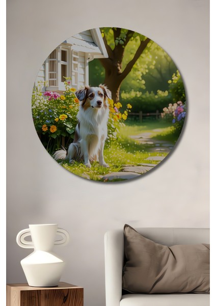 Şirin Köpek ve Çiçek Bahçesi Yağlı Boya Görünümlü Dekoratif Ahşap Ev/işyeri/ofis Yuvarlak Tablo