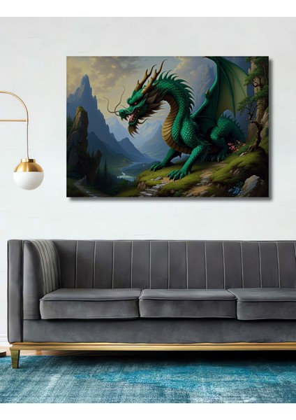 Yeşil Ejderha Dağ Manzarası Yağlı Boya Görünümlü Dekoratif Ahşap Ev/işyeri/ofis Kare Tablo