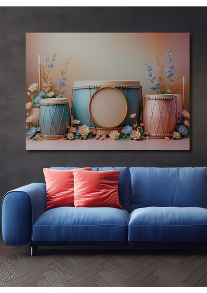 Pastel Rüyası Davul ve Çiçekler Dekoratif Ahşap Ev/işyeri/ofis Kare Tablo