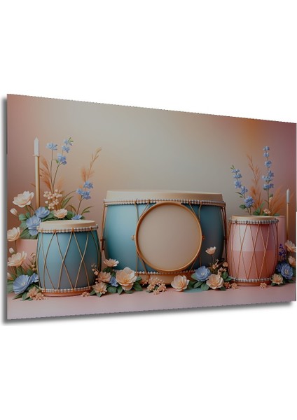 Pastel Rüyası Davul ve Çiçekler Dekoratif Ahşap Ev/işyeri/ofis Kare Tablo modelleri