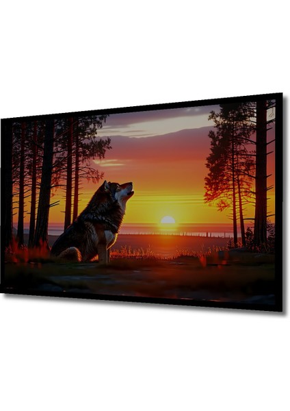 Çerçeve Görünümlü Gün Batımı Uluyan Kurt Yağlı Boya Görünümlü Dekoratif Ahşap Ofis Kare Tablo fiyatları