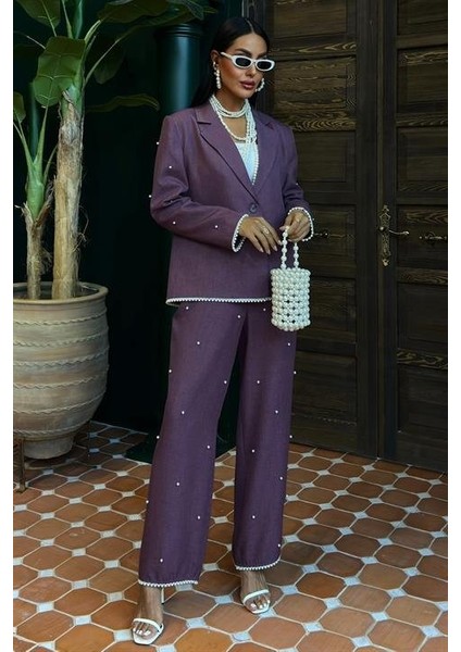 Ezel Glory Inci Detaylı Ceket Pantolon Keten Takım 10124