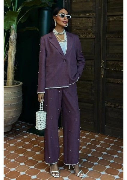 Ezel Glory Inci Detaylı Ceket Pantolon Keten Takım 10124