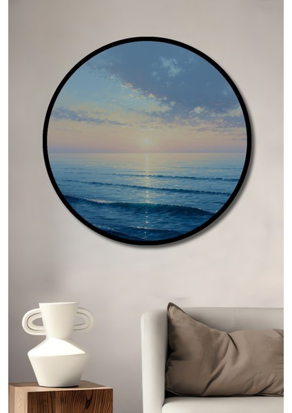 Çerçeve Görünümlü Mavi Deniz Huzur Yağlı Boya Görünümlü Dekoratif Ahşap Işyeri/ofis Yuvarlak Tablo
