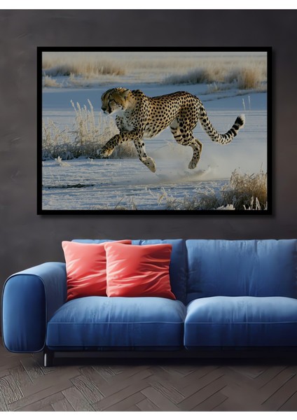 Çerçeve Görünümlü Kar Leoparı Hızlı Koşu Yağlı Boya Görünümlü Dekoratif Ahşap Ofis Kare Tablo