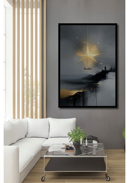 Çerçeve Görünümlü Bismillah Altın Yıldız Soyut Yağlı Boya Görünümlü Dekoratif Ahşap Ofis Kare Tablo