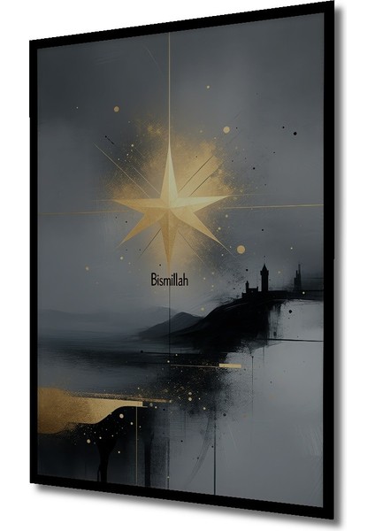 Çerçeve Görünümlü Bismillah Altın Yıldız Soyut Yağlı Boya Görünümlü Dekoratif Ahşap Ofis Kare Tablo fiyatları