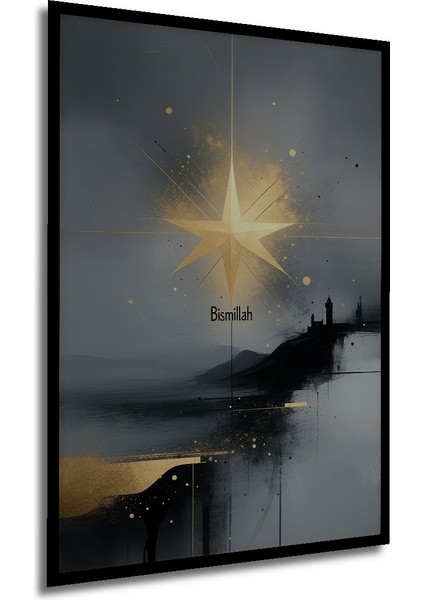 Çerçeve Görünümlü Bismillah Altın Yıldız Soyut Yağlı Boya Görünümlü Dekoratif Ahşap Ofis Kare Tablo modelleri