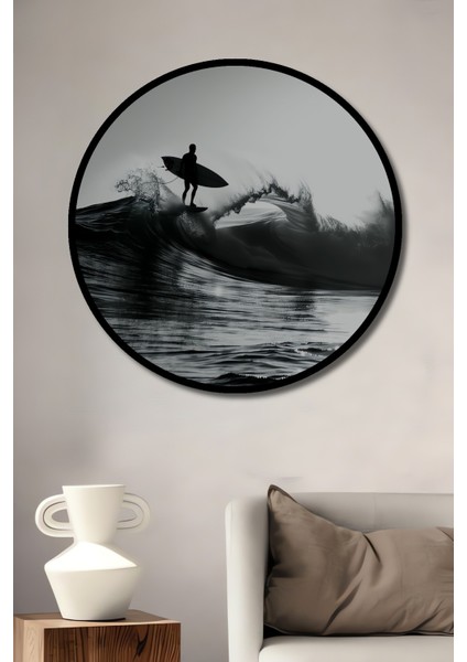 Çerçeve Görünümlü Dalga Üzerinde Sörfçü Siyah Beyaz Dekoratif Ahşap Görünümlü Ofis Yuvarlak Tablo