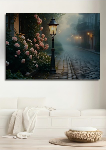 Pembe Gül Bahçesi Sokak Lambası Yağlı Boya Görünümlü Dekoratif Ahşap Ev/işyeri/ofis Kare Tablo