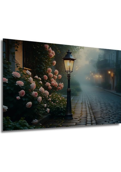 Pembe Gül Bahçesi Sokak Lambası Yağlı Boya Görünümlü Dekoratif Ahşap Ev/işyeri/ofis Kare Tablo modelleri