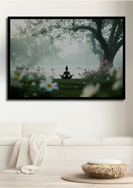 Çerçeve Görünümlü Sulu Boya Görünümlü Yoga Huzuru Manzarası Dekoratif Ahşap Işyeri/ofis Kare Tablo