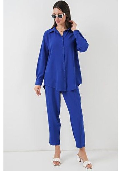 Saks Renkli Kadın Oversize İkili Takım %70 Viskon %30 Keten Şık ve Rahat Tasarım