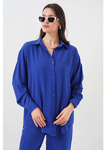 Saks Renkli Kadın Oversize İkili Takım %70 Viskon %30 Keten Şık ve Rahat Tasarım
