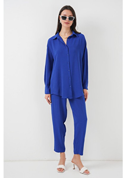 Saks Renkli Kadın Oversize İkili Takım %70 Viskon %30 Keten Şık ve Rahat Tasarım
